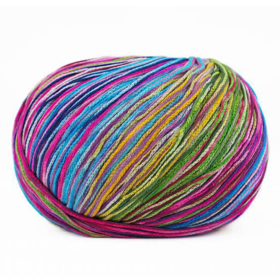 Multicolored skein of Cairns yarn on a white background