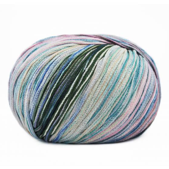 Multicolored skein of Cairns yarn on a white background