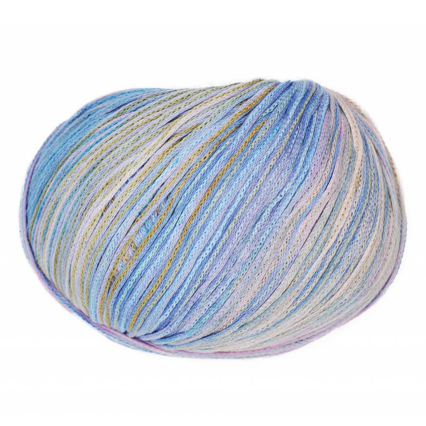 Multicolored skein of Cairns yarn on a white background