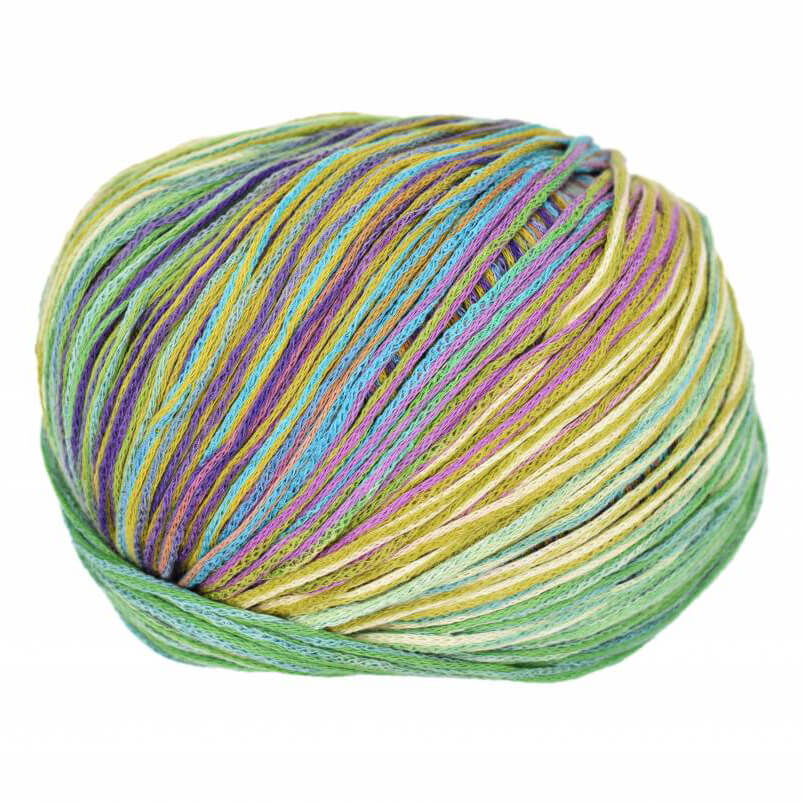 Multicolored skein of Cairns yarn on a white background