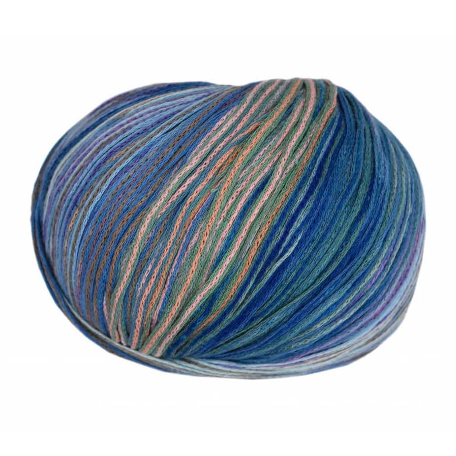 Multicolored skein of Cairns yarn on a white background