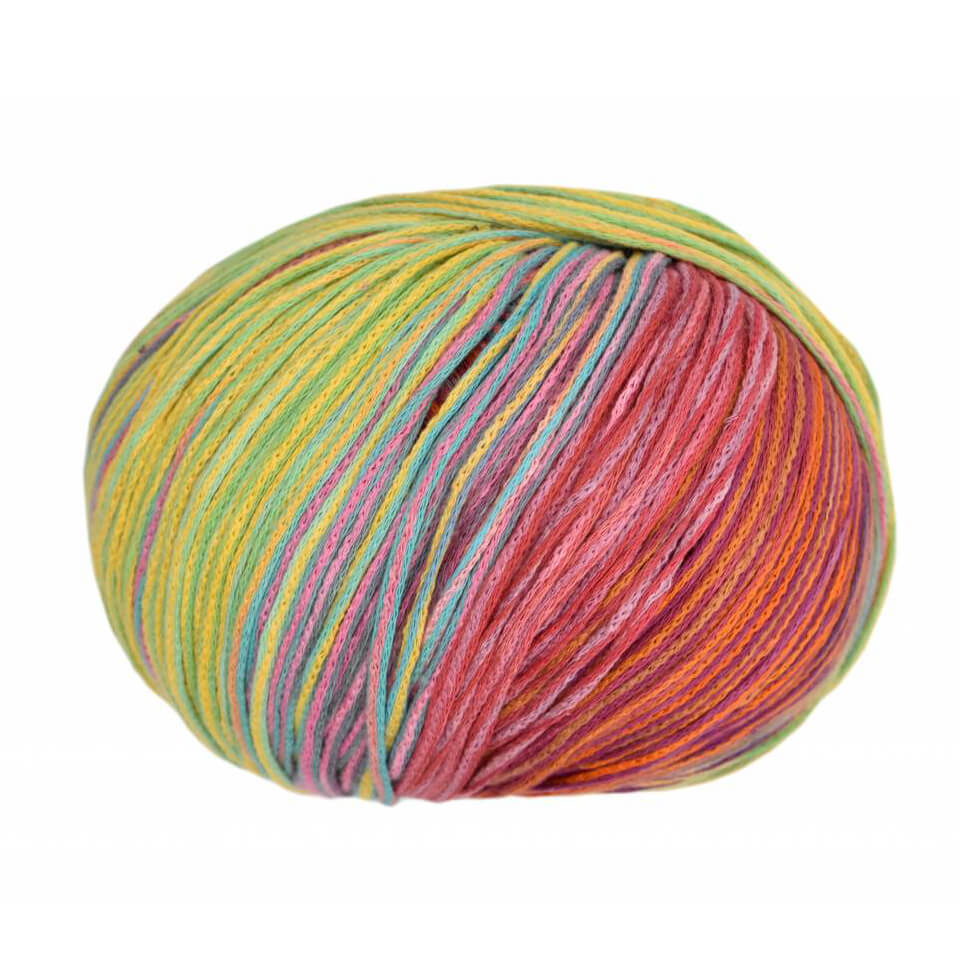 Multicolored skein of Cairns yarn on a white background