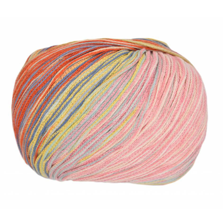 Multicolored skein of Cairns yarn on a white background