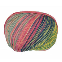Multicolored skein of Cairns yarn on a white background