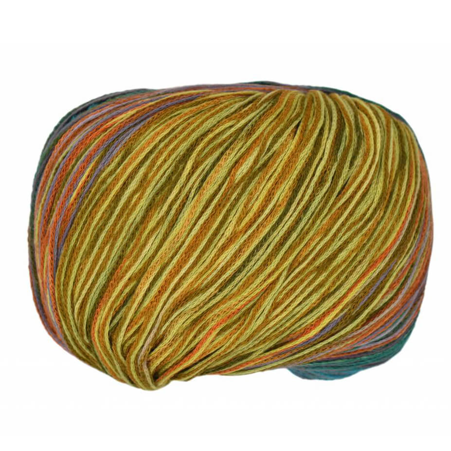 Multicolored skein of Cairns yarn on a white background