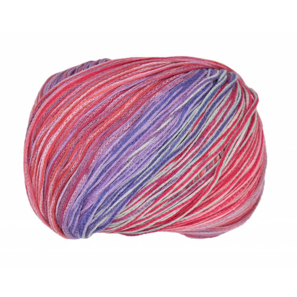 Multicolored skein of Cairns yarn on a white background