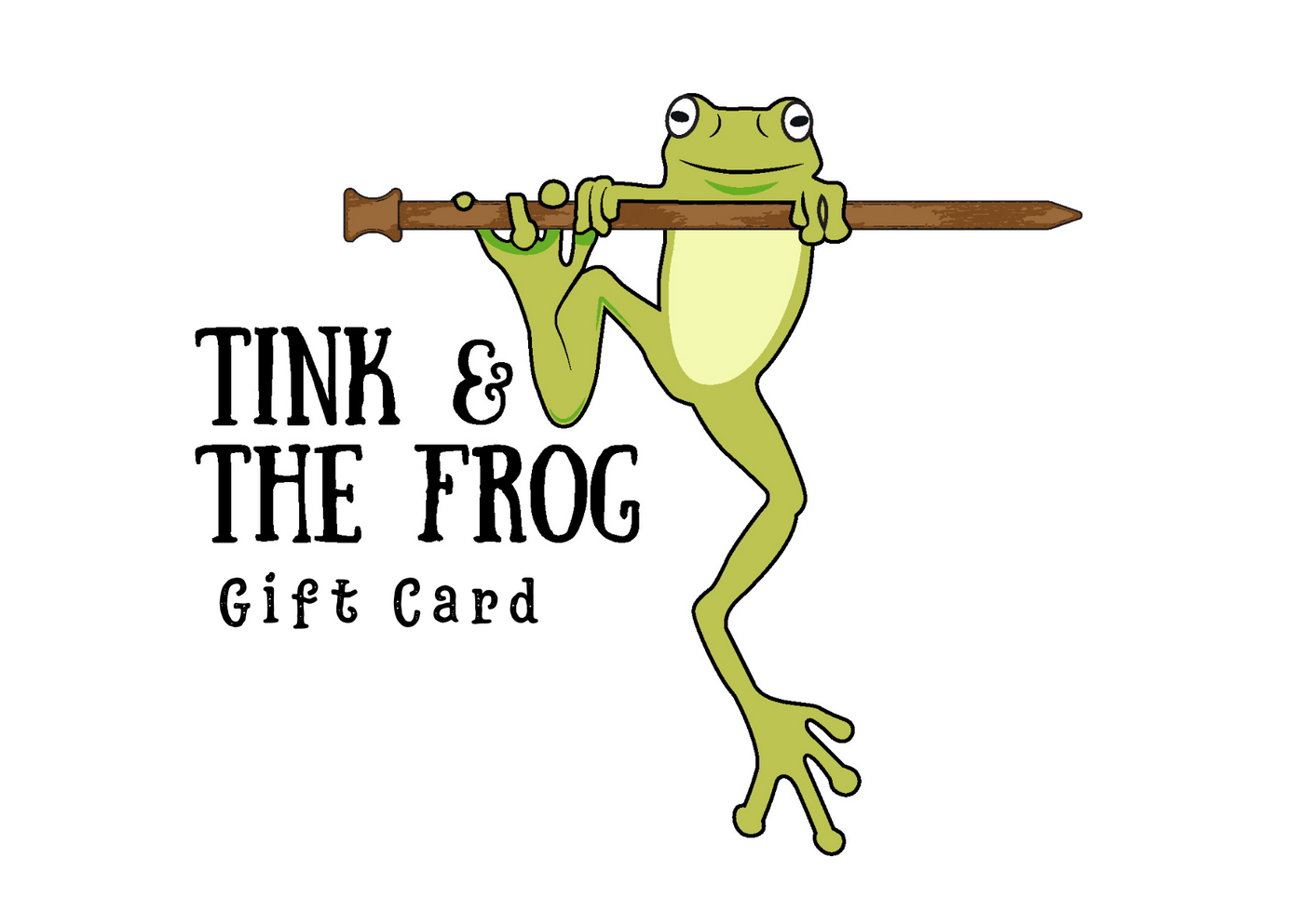 Gift card design with a green frog logo on a white background