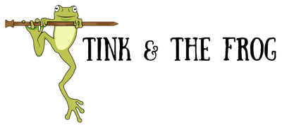 Logo of a frog holding onto a knitting needle with text 'Tink & The Frog' on a transparent background