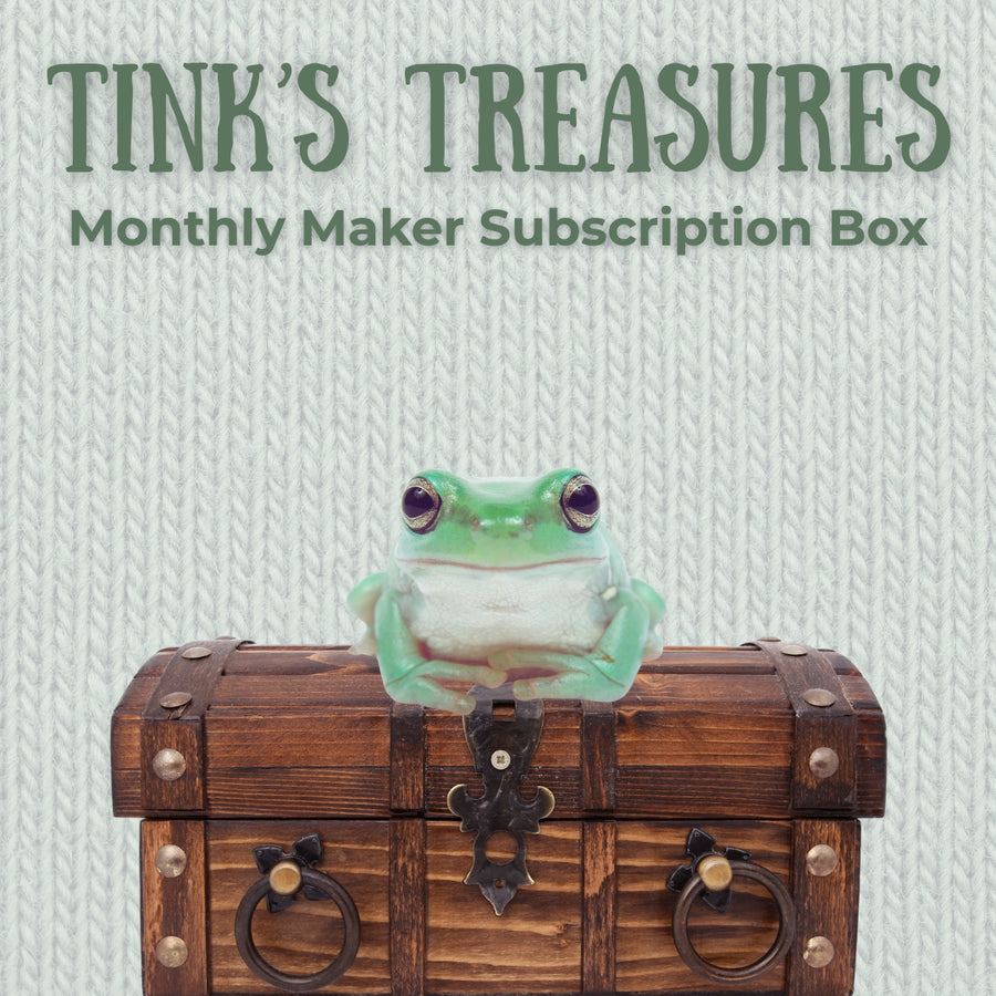 Treasure box with a frog on top and 'Tink's Treasures' text