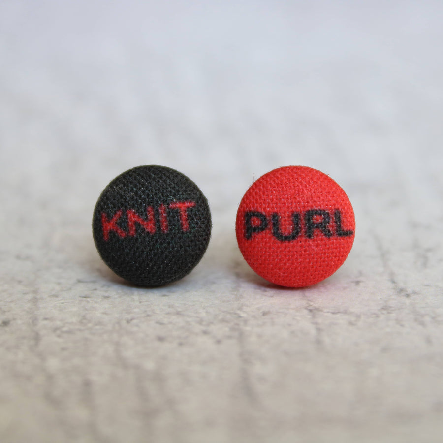 Knit Purl Punk Knitter Fabric Button Earrings